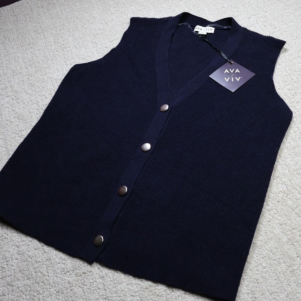 Ava & Viv Womens Navy Blue Ribbed Knit V-Neck Button Front Sweater Vest XXL